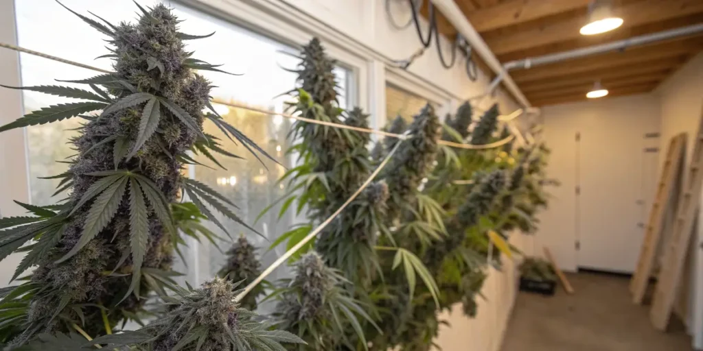 Grizzly Purple Auto cannabis buds drying on racks inside a controlled curing room.