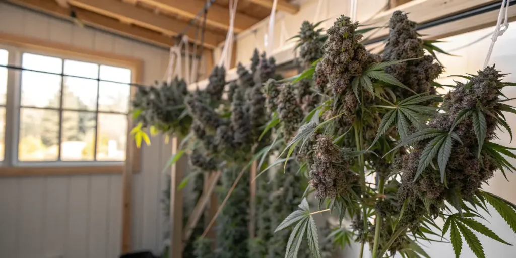 Large Grizzly Purple Auto buds hanging upside down in a dedicated drying space.
