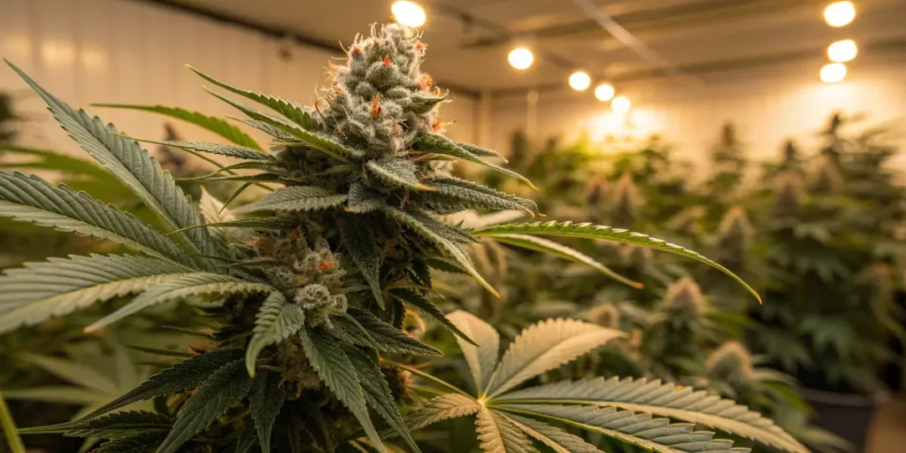 Resin-covered main cola of a Grizzly Purple Auto plant under indoor grow lights.