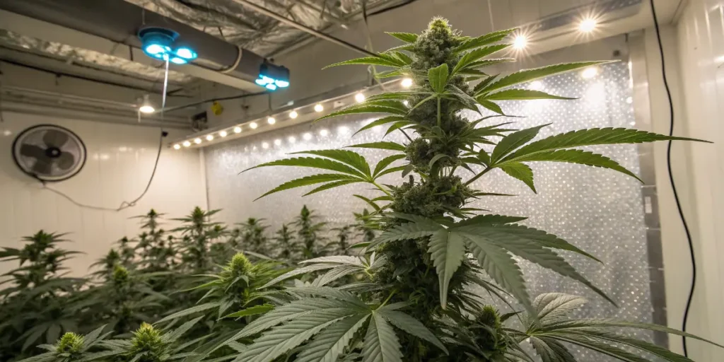 Grow GG #4 Auto developing multiple budding sites beneath uniform ceiling LED lights.