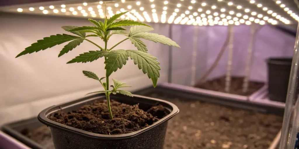 Grow GG #4 Auto seedling with fresh green leaves under a structured LED grow setup.