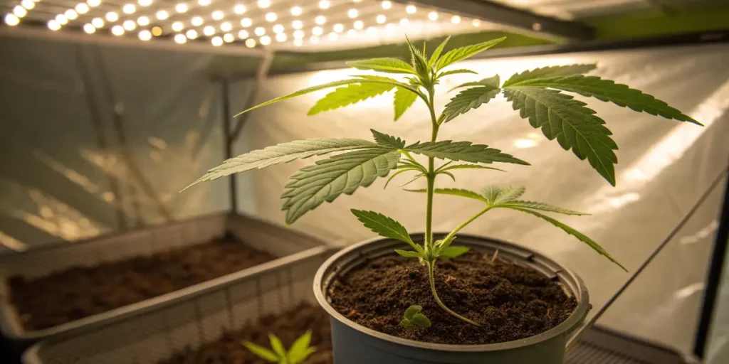 Grow GG #4 Auto seedling growing in a small pot beneath bright LED panels.