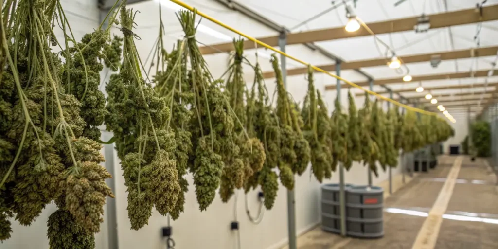 Grow GG4 buds hanging upside down in a drying room after harvest.