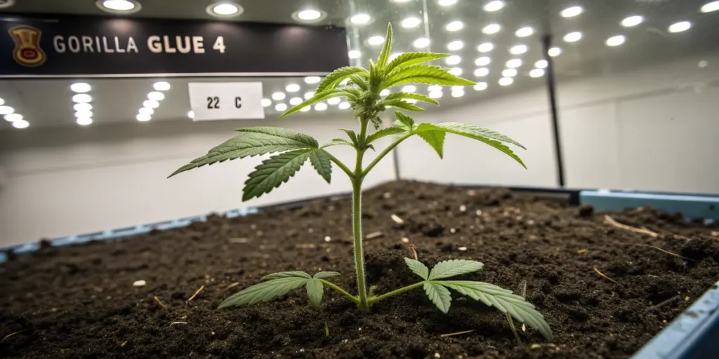 Grow GG4 seedling growing in soil under bright LED panels.