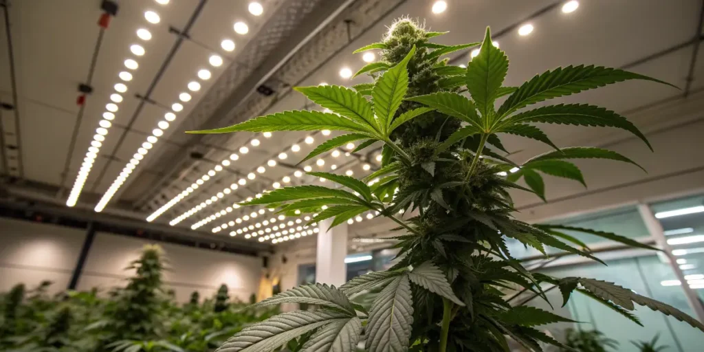 Grow GG plant with a thick central cola reaching toward LED lights inside a professional indoor cultivation room.