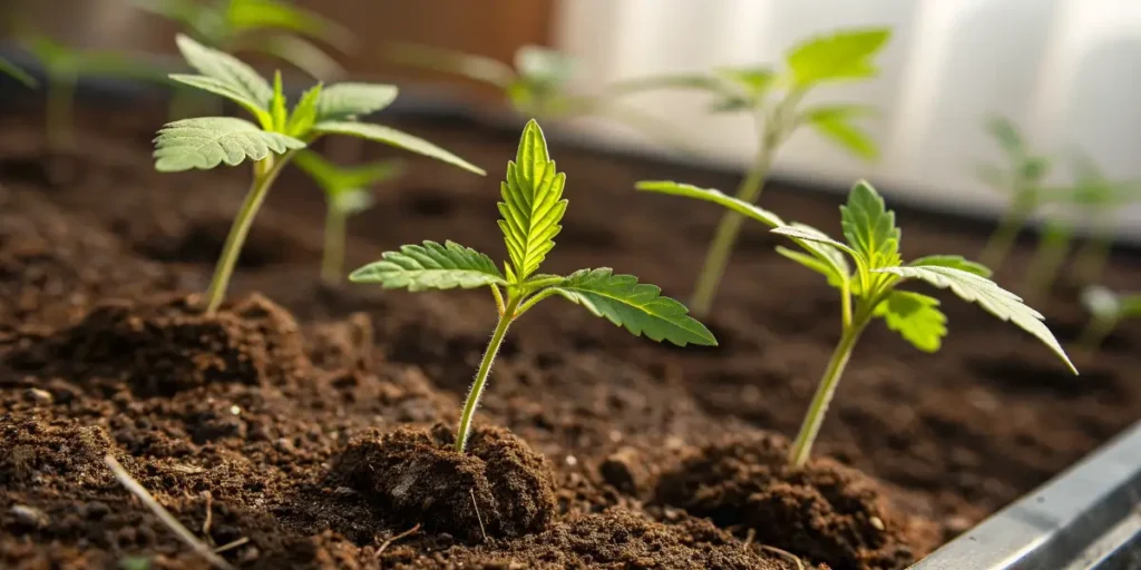 Grow GG seedlings growing in soil mounds with fresh green leaves supported by soft indoor lighting.