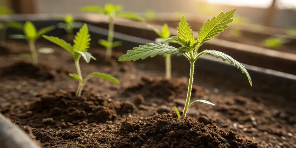 Grow GG seedling emerging from moist soil with small serrated leaves under warm natural light.