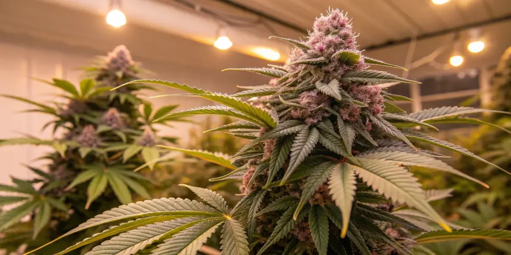 Grow Gorilla King Auto showcasing a dense purple-tinted flower under warm indoor lights.
