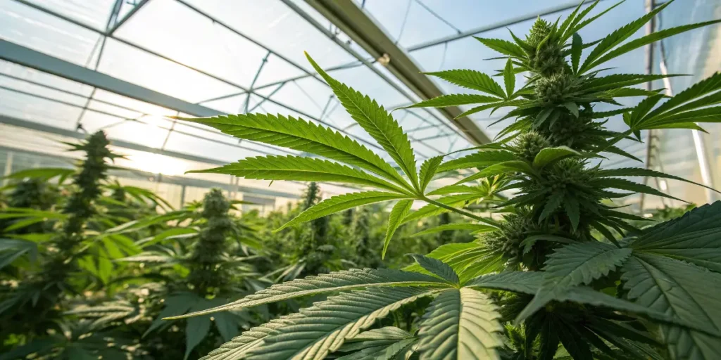 Grow Gorilla Purple Auto forming fresh green buds under strong sunlight inside a greenhouse.