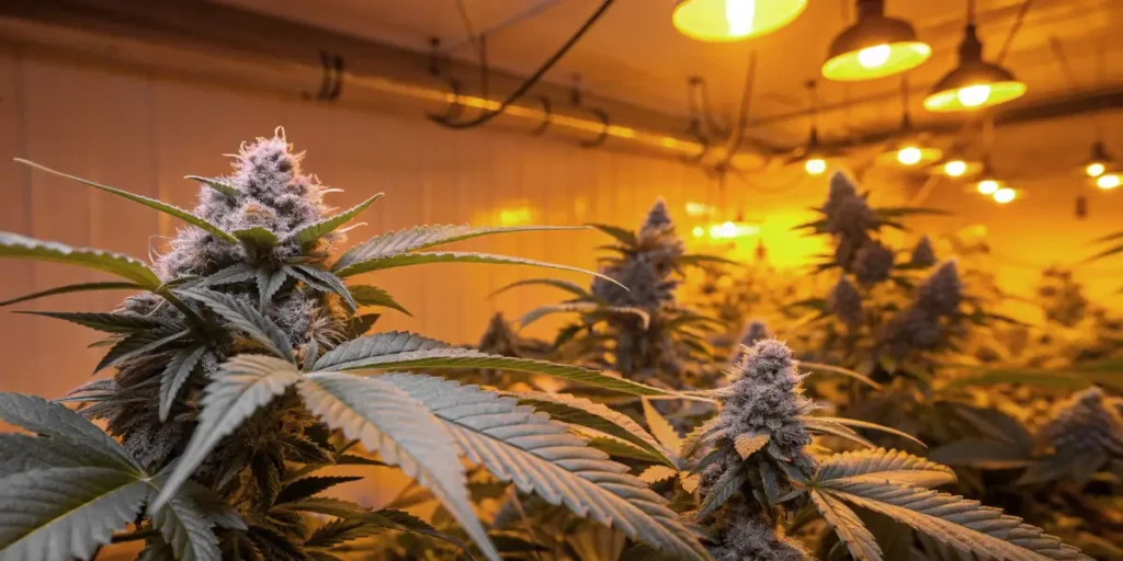 Grow Gorilla Purple Auto producing large frosty purple colas in a bright indoor setup.