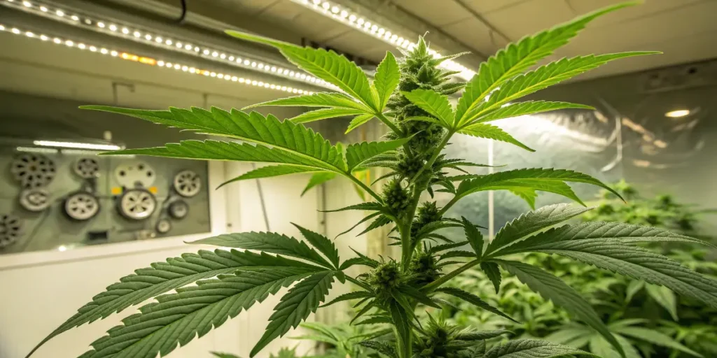 Grow Gorilla Sherbet plant developing early buds under bright LED lighting in a controlled grow room.