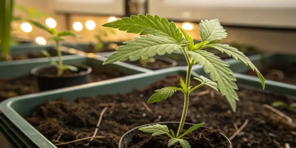 Grow Gorilla Sherbet seedling growing in a small pot under warm indoor lighting.
