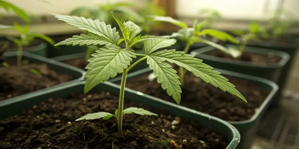 Grow Gorilla Sherbet young plant developing its first true leaves in green cultivation trays.