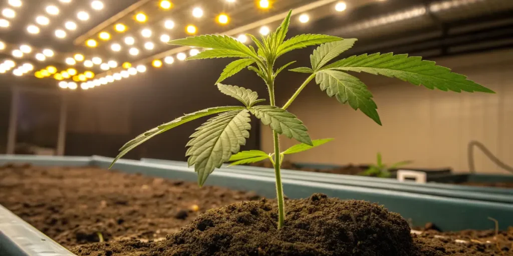 Chemdog #4 cannabis plant growing with strong leaves in a controlled indoor environment.