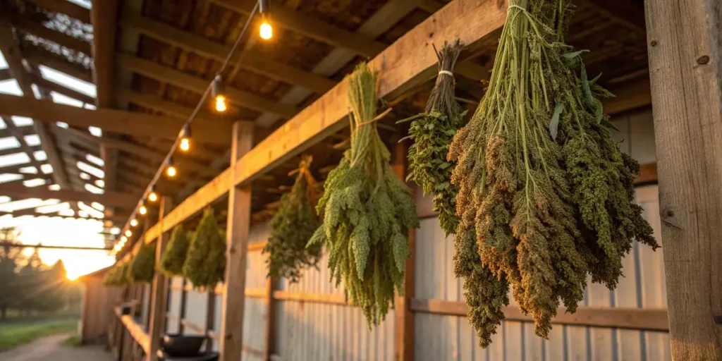 Freshly harvested Hindu Kush branches drying naturally outdoors in a rustic shed.