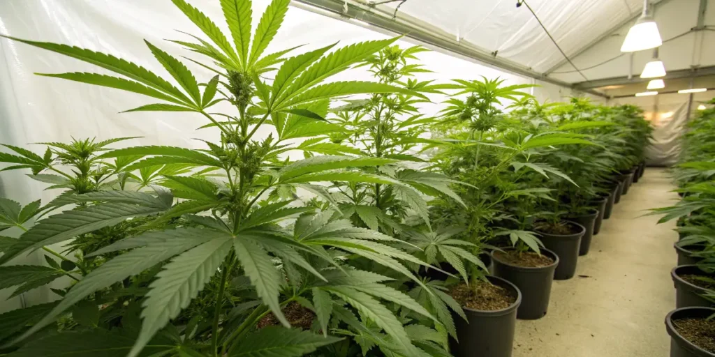 Dense Hindu Kush foliage growing in pots under controlled indoor lighting.