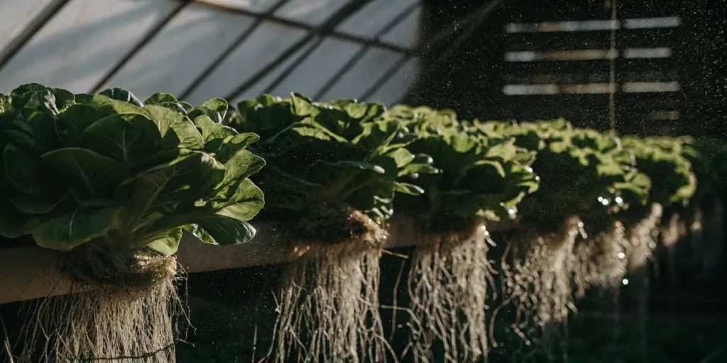 Row of hydroponic lettuce plants with long roots hanging in a greenhouse system.