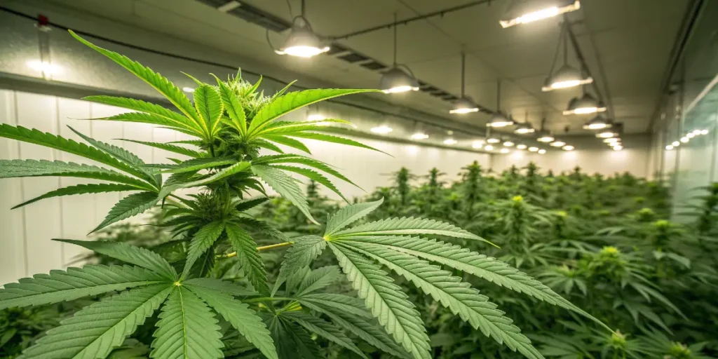 Blueberry Auto cannabis flowering indoors under professional grow lights.