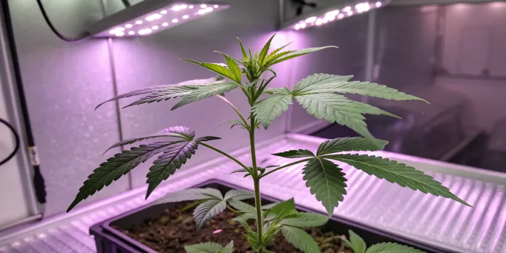 Blueberry cannabis during the flowering stage under artificial lighting.