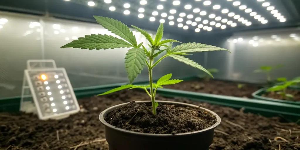 Break-Up Cake Auto seedling growing indoors under controlled light.