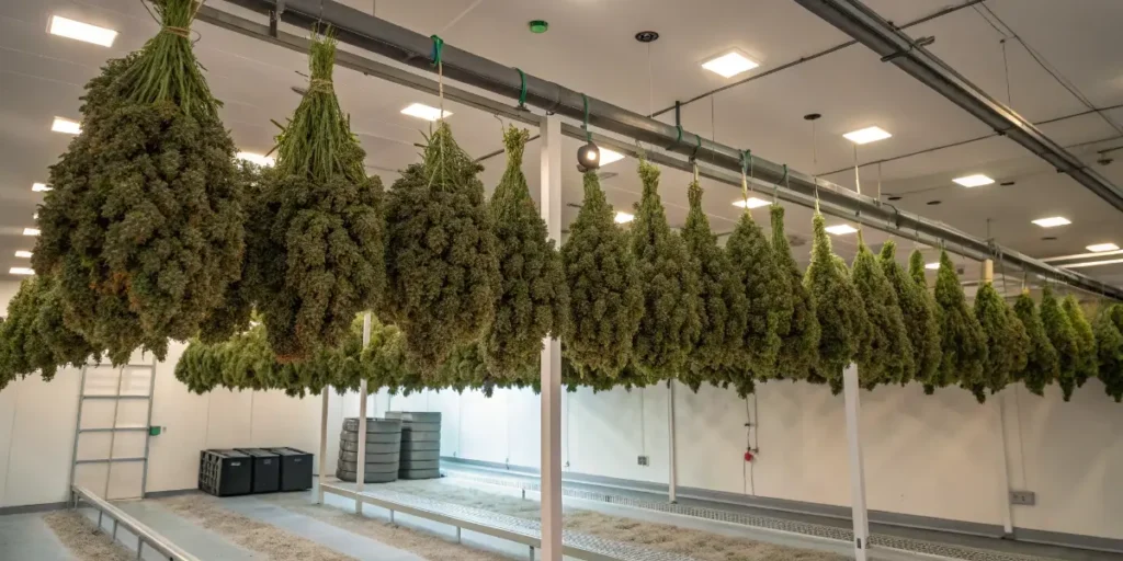 Break-Up Cake cannabis plants drying indoors after harvest.