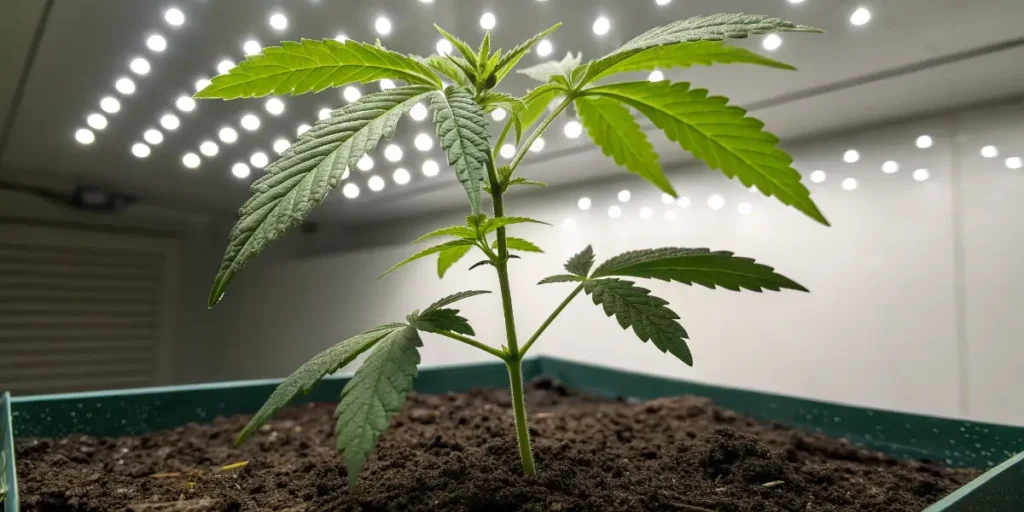 Bruce Banner cannabis plant developing in vegetative stage indoors.