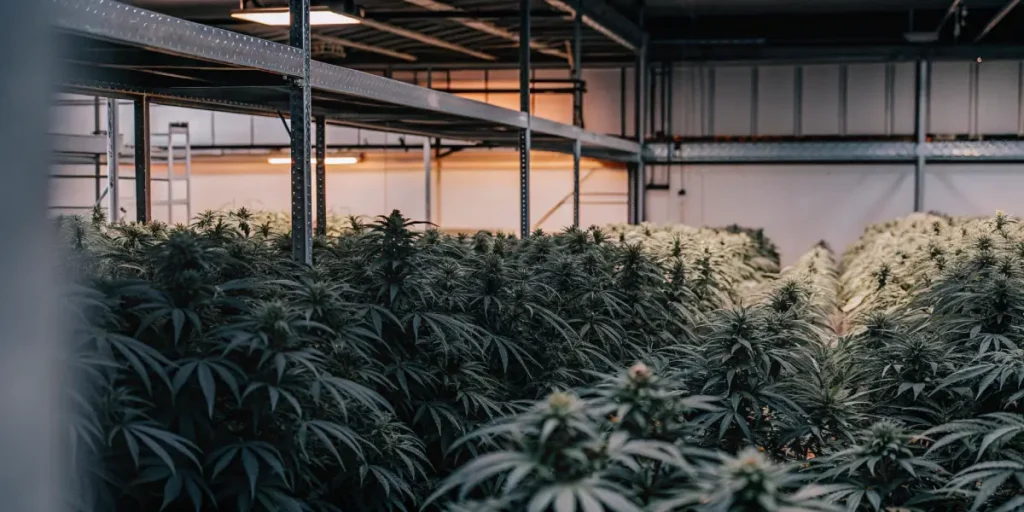 large-scale cannabis grow room with dense green plants and overhead lighting