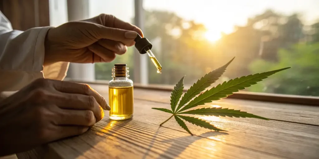 Hands holding a CBD oil dropper bottle next to a cannabis leaf in sunlight.