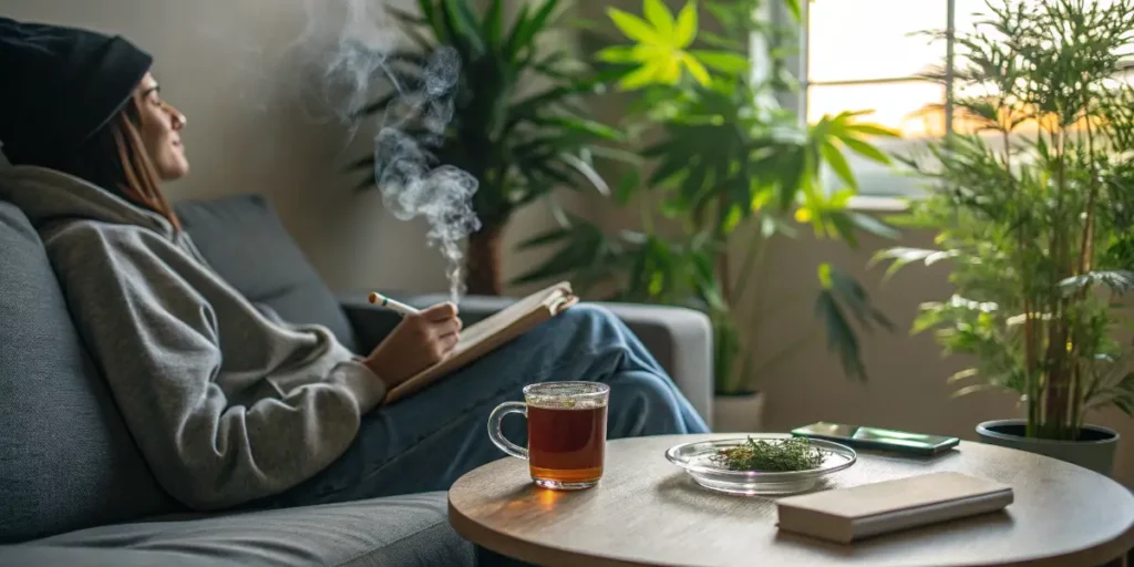 Person examining a cannabis leaf beside a bottle of CBD oil on a wooden table.