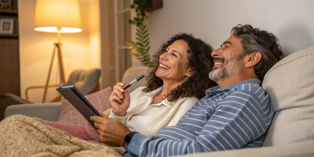 Middle-aged couple laughing and relaxing on the couch while using a cannabis vape pen.