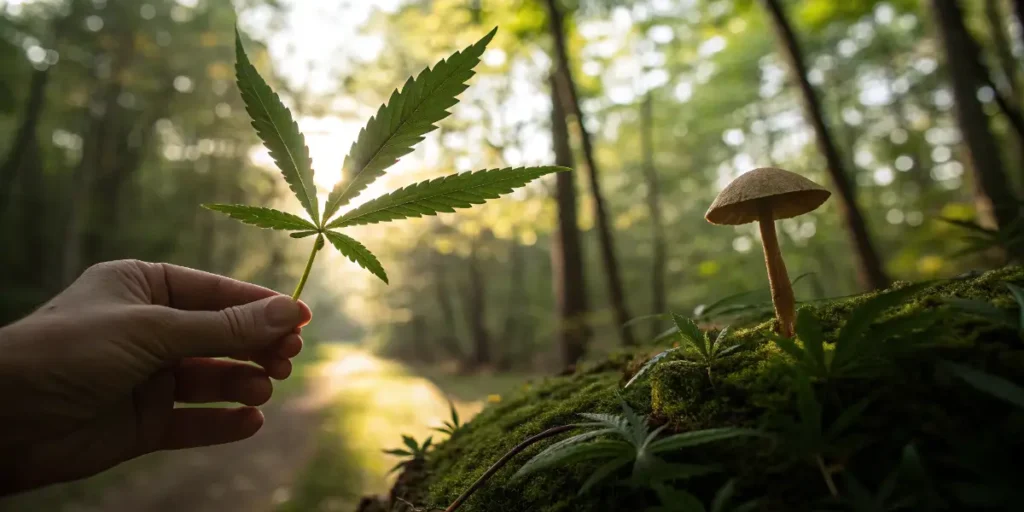 Cannabis leaf and mushroom side by side in a sunlit forest environment.