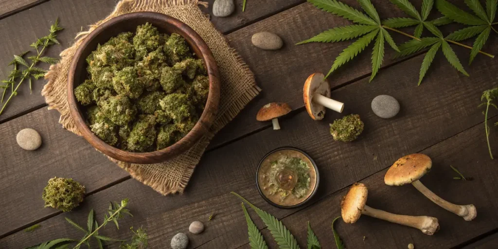 Cannabis buds and magic mushrooms arranged on a rustic wooden table with leaves and stones.