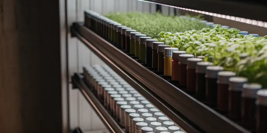 Rows of nutrient bottles with fresh microgreens growing in a hydroponic system.