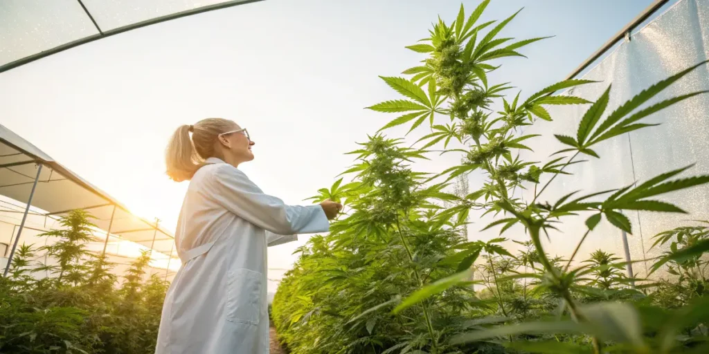 Medical professional examining cannabis plants in a greenhouse at sunrise.