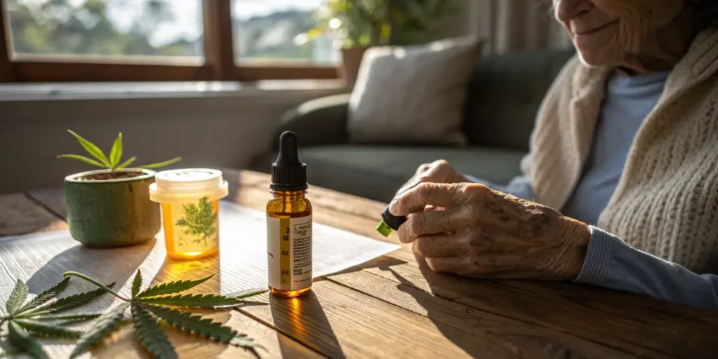 Senior woman using CBD oil dropper next to cannabis products.