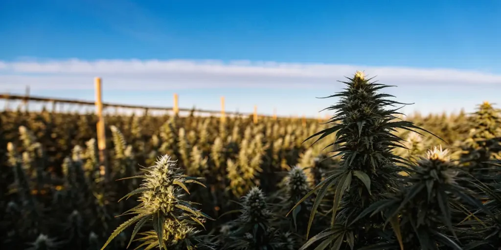 outdoor cannabis field in the 9th week of flowering under a clear blue sky