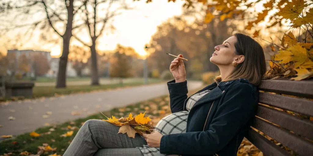 Pregnant woman standing by a window smoking cannabis at sunset.