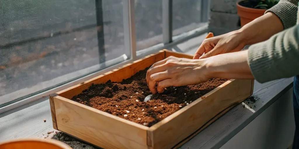 hands preparing soil tray with organic mix for seed planting