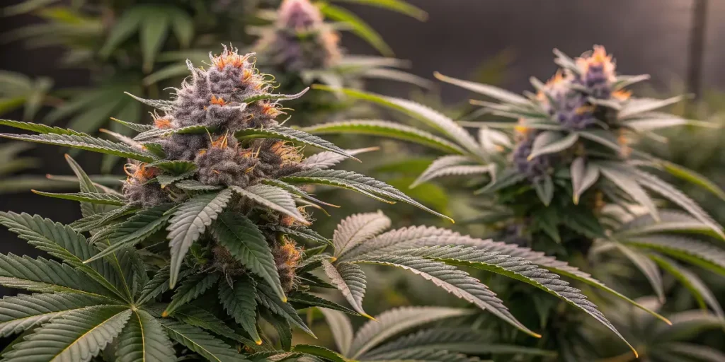 Afrodite cannabis buds maturing in indoor grow setup.