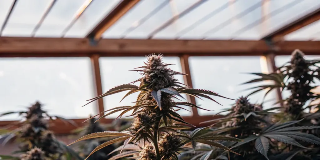 purple autoflower cannabis bud with vibrant leaves in greenhouse lighting