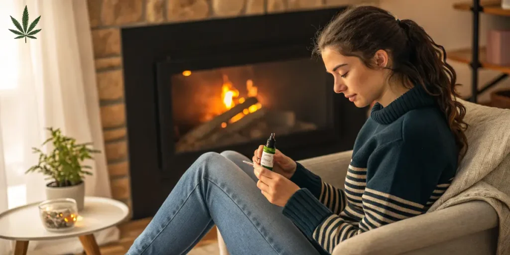 Young woman sitting on a sofa with a cannabis tincture, illustrating how cannabis can reduce arthritis pain.