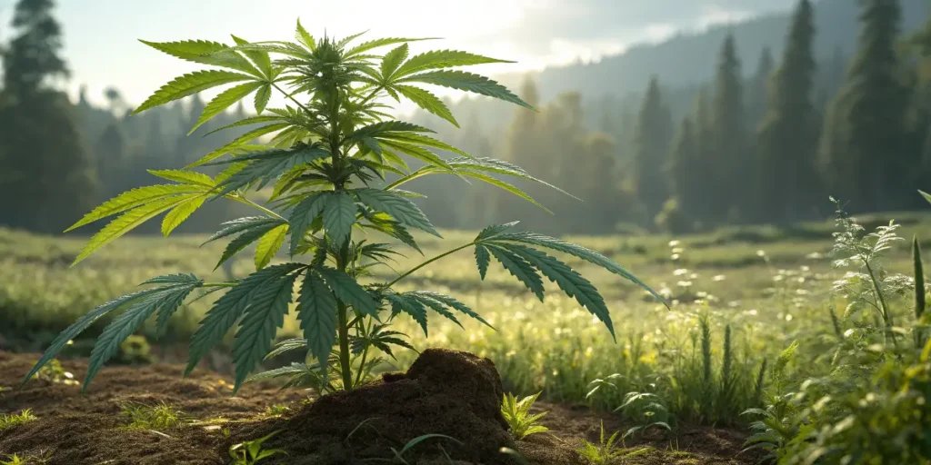 Fruity Pebbles cannabis plant thriving in rich soil with sunrise in the background.