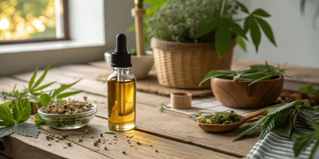 CBD Oil and Erectile Dysfunction dropper bottle on a wooden table with hemp, seeds, and greenery.
