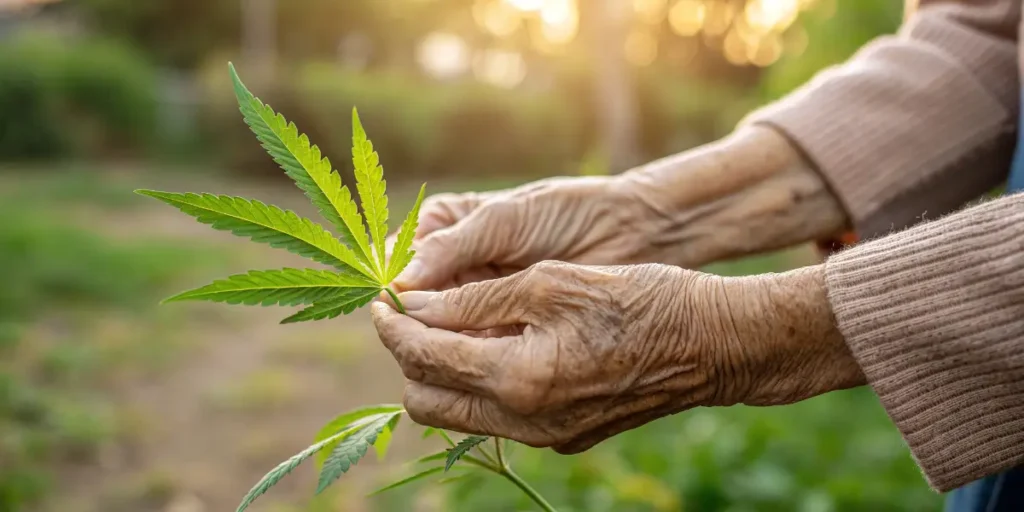 Senior person inspecting a cannabis leaf in a garden, highlighting how cannabis can reduce arthritis pain.