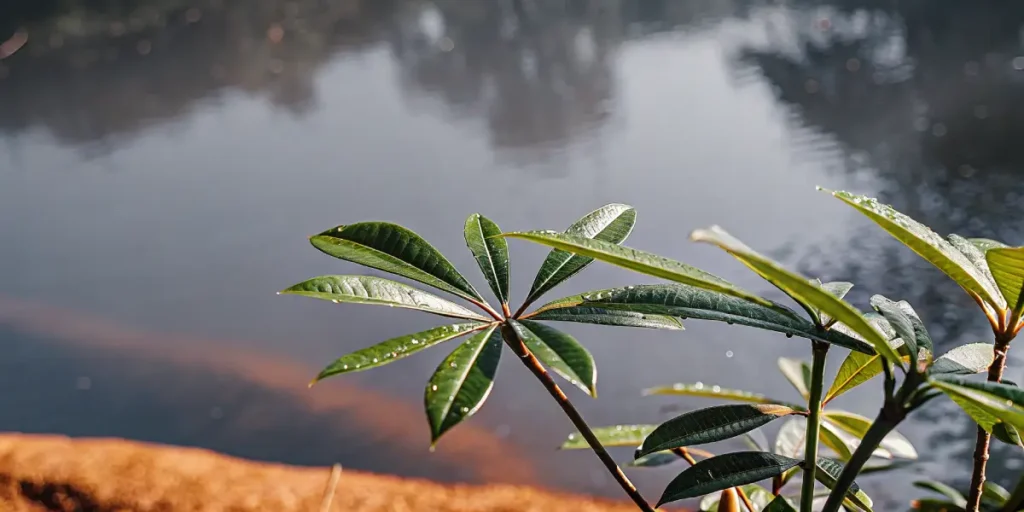 Silhouette of a six-leaf tropical plant with water droplets against a rainforest background.