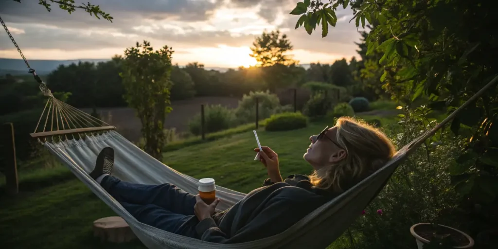 Woman relaxing in a hammock smoking weed at sunset while on antibiotics.