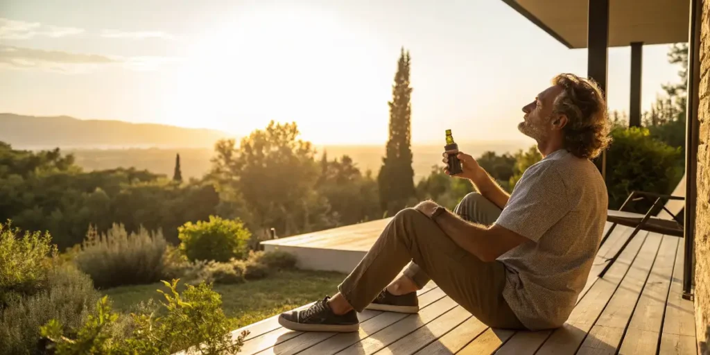 CBD Oil and Erectile Dysfunction bottle surrounded by hemp leaves and dried herbs on a rustic table.