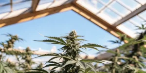 thriving autoflower cannabis plant growing under greenhouse roof with blue sky