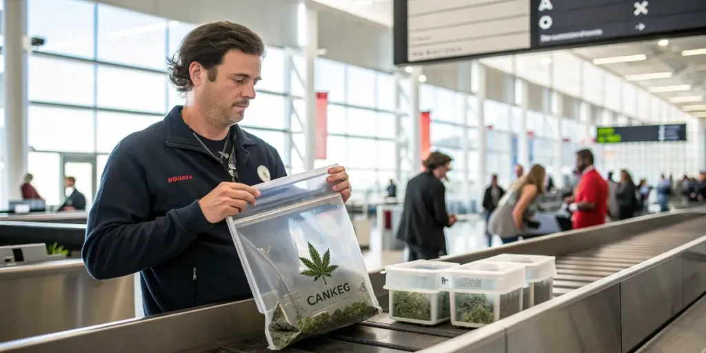 Airport security officer inspecting sealed medical cannabis bags at a checkpoint.