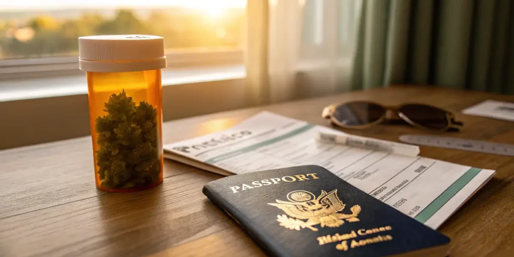 Prescription bottle with medical cannabis next to a passport and travel documents.